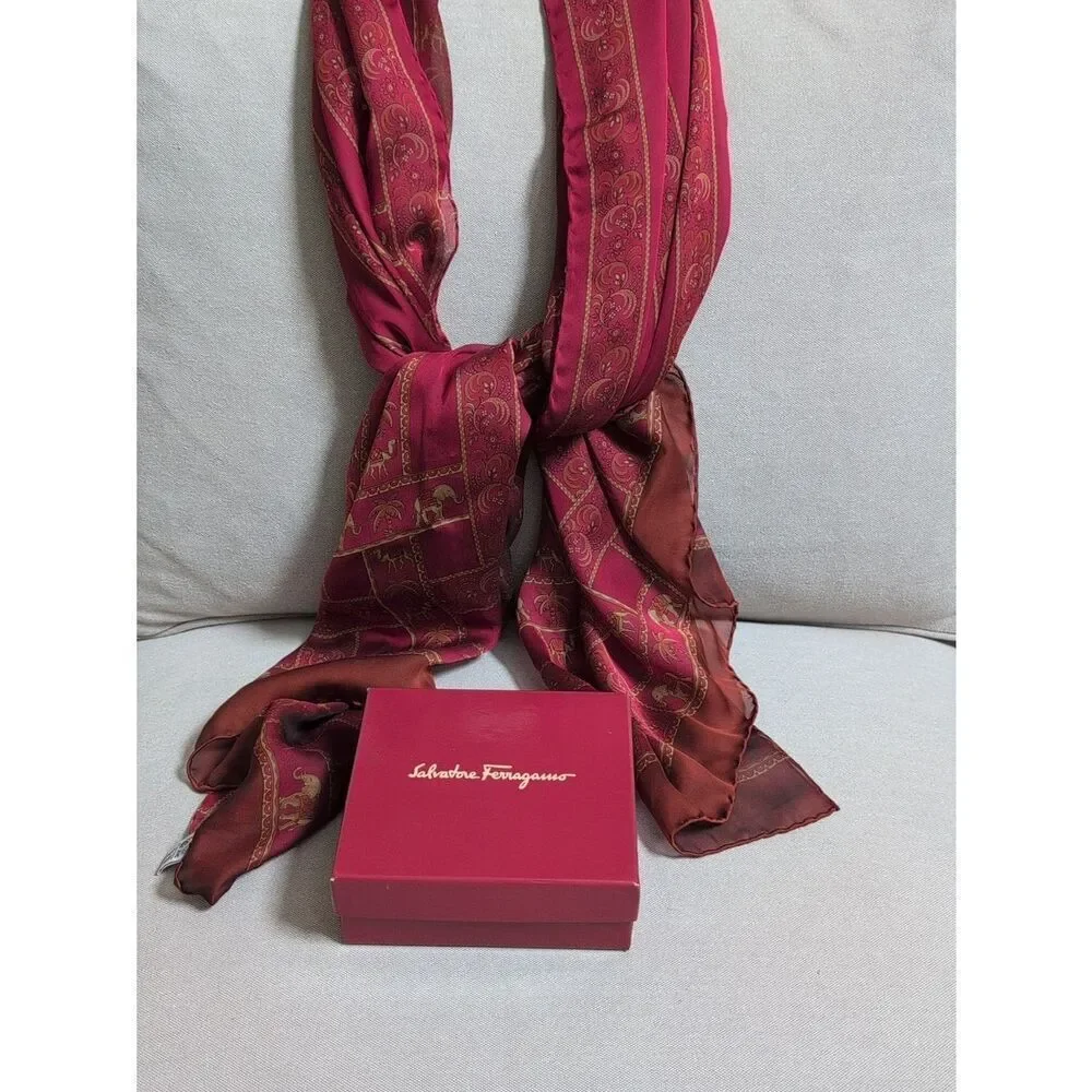 Salvatore Ferragamo Burgundy Silk Striped Floral Scarf with Elephants and Camels